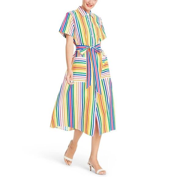 Christopher John Rogers x Target Rainbow Stripe Belted Shirt Dress Size 2 Cotton - Picture 10 of 14